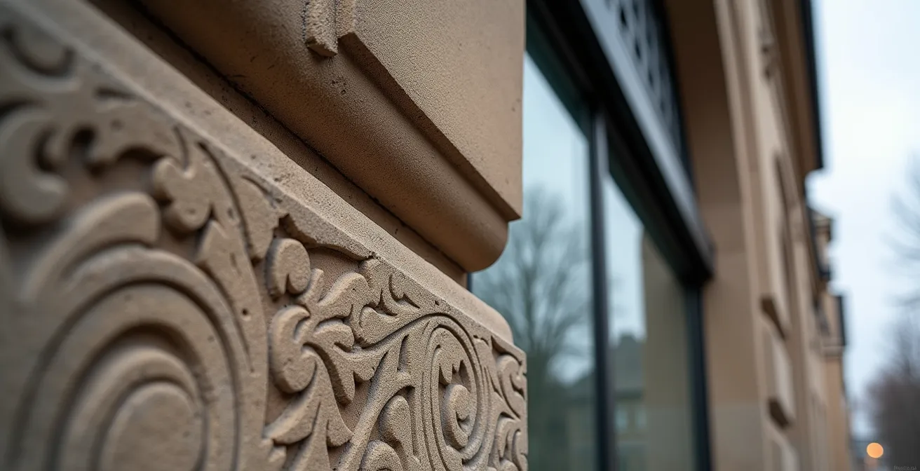 Detailaufnahme architektonischer Qualitätsmerkmale an einem Leipziger Gebäude, die den Übergang von historischem Sandstein zu modernem Glas zeigt.