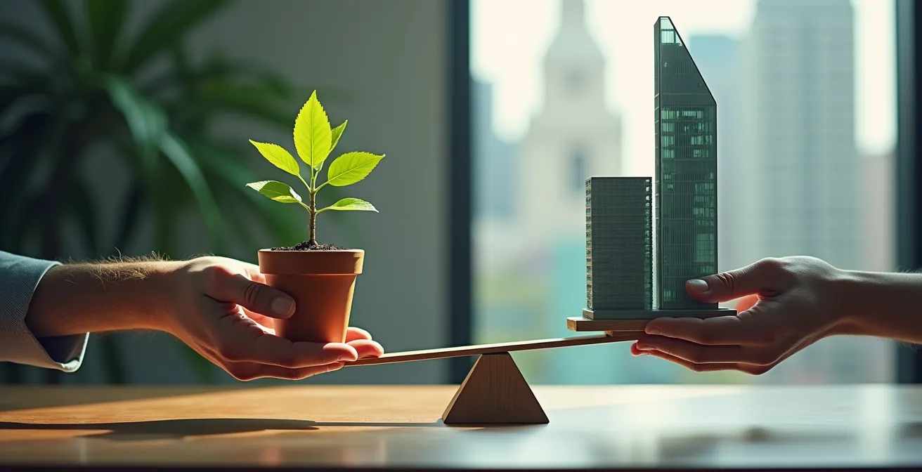 Visualisierung einer Stadtratssitzung mit engagierten Bürgern und Investoren, die die Machtdynamik symbolisiert