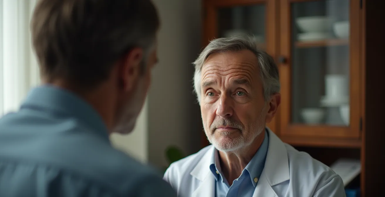 Nahaufnahme eines persönlichen Arzt-Patient-Gesprächs in einer Leipziger Einzelpraxis