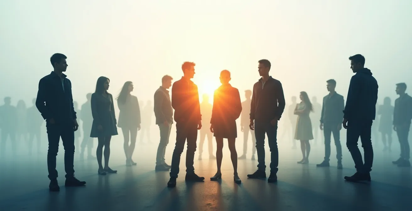 Metaphorische Darstellung verschiedener Beziehungsebenen durch abstrakte menschliche Silhouetten in unterschiedlichen Distanzen