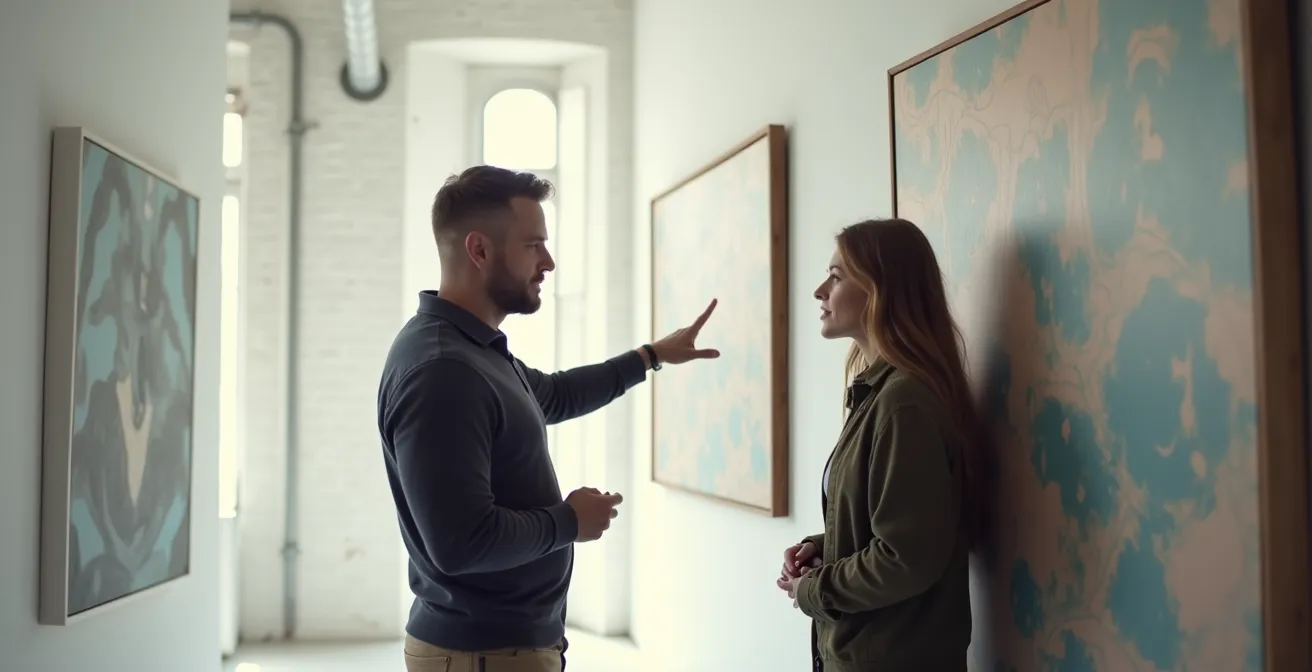 Kunstinteressierte betrachten konzentriert Werke in einer der Spinnerei-Galerien