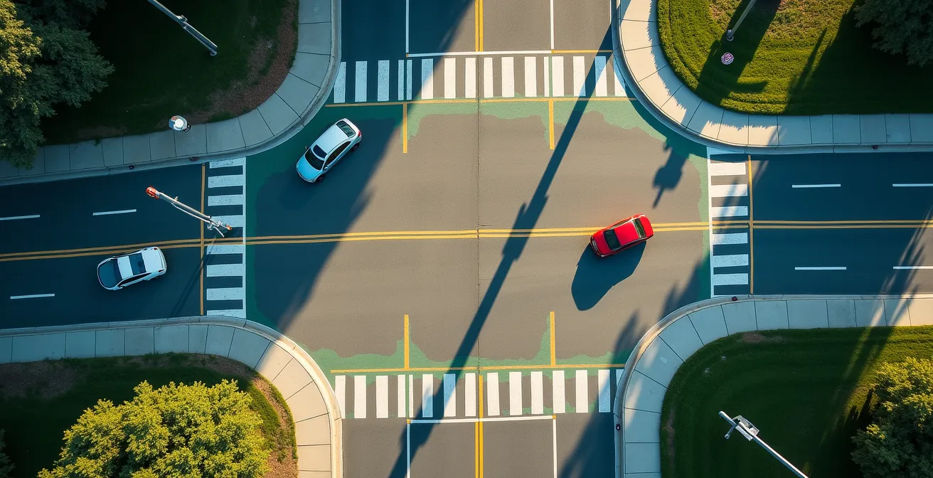 Gefährliche Kreuzungssituation mit totem Winkel für Radfahrer visualisiert