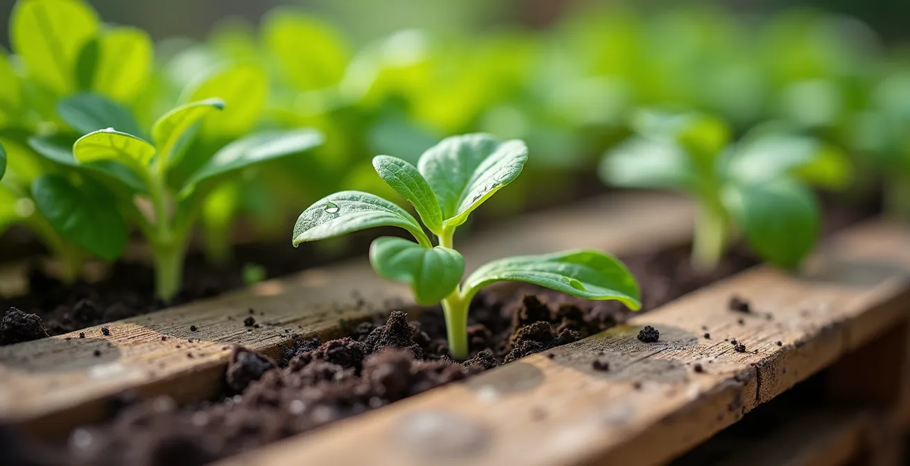 Nahaufnahme von selbstgebauten Hochbeeten aus Paletten mit frischen Gemüsepflanzen