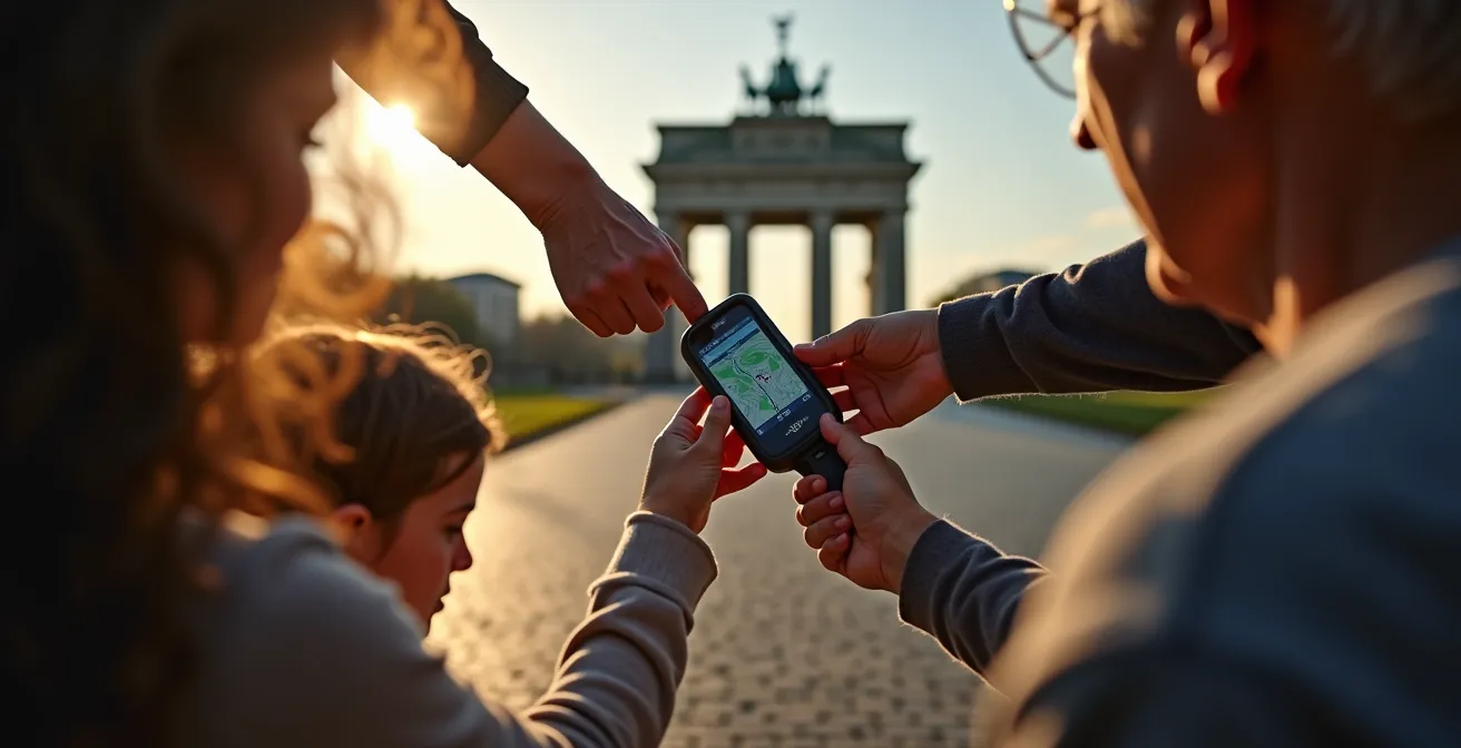 Hände verschiedener Generationen halten gemeinsam ein GPS-Gerät, im Hintergrund das Völkerschlachtdenkmal in Leipzig.