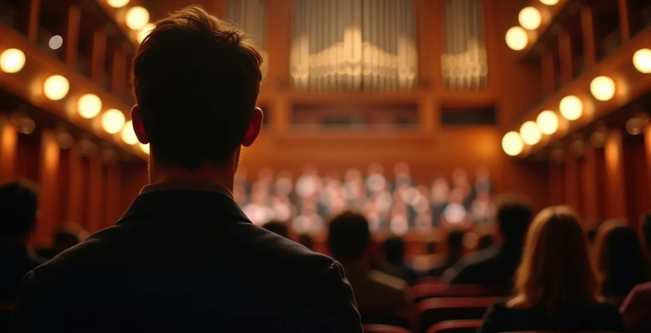 Blick über die Schulter eines Konzertbesuchers auf den vollen Großen Saal des Gewandhauses während des Applauses.