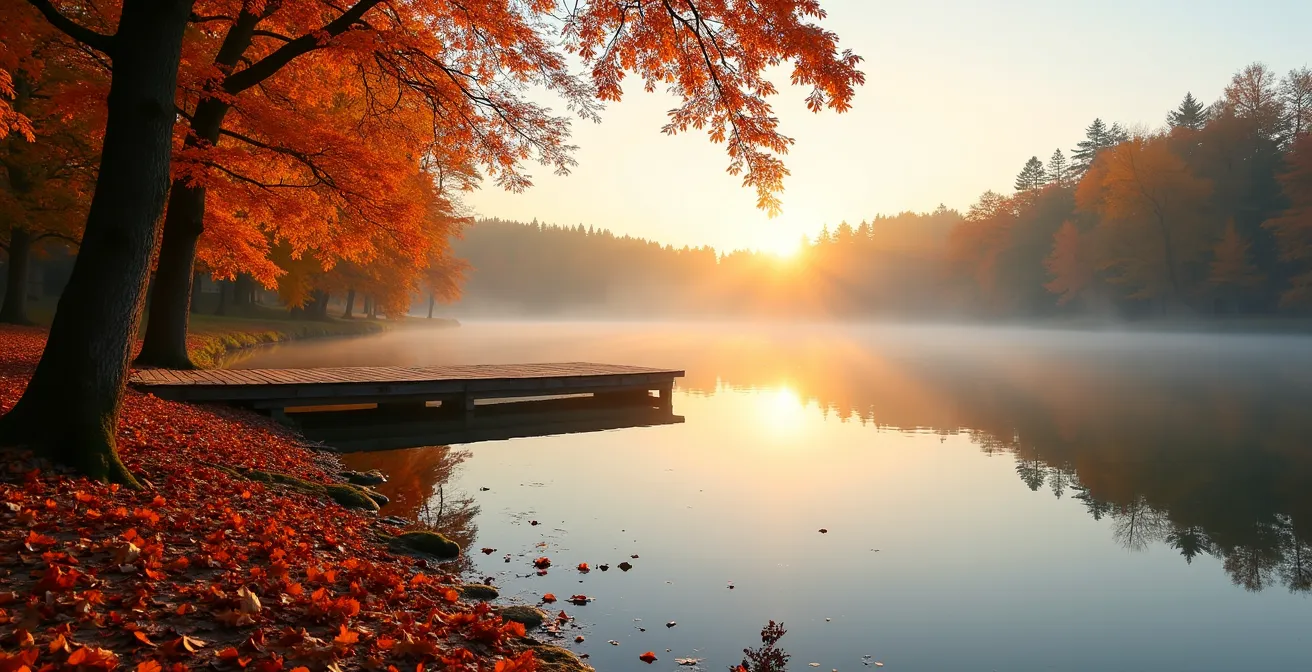 Herbstlich gefärbte Bäume spiegeln sich im ruhigen Seewasser