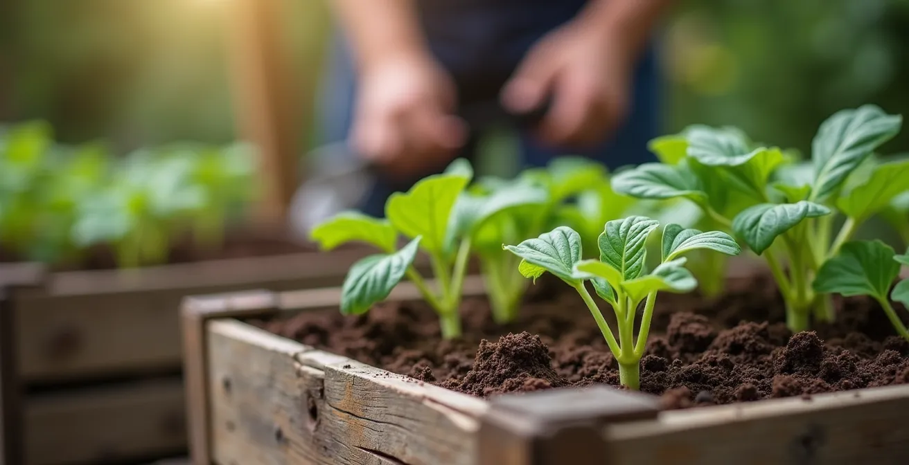 Detailaufnahme von selbstgebauten Hochbeeten aus recycelten Bäckerkisten und Paletten
