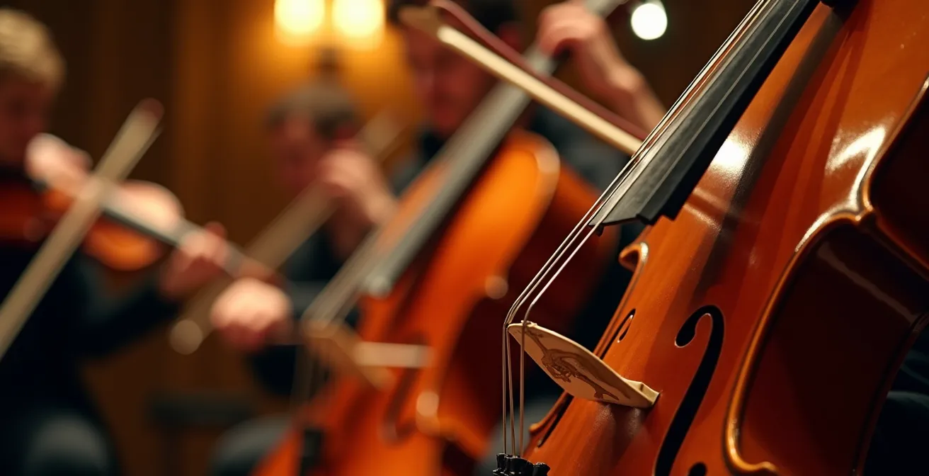 Streichquartett in warmem Bühnenlicht, eine Nahaufnahme der Instrumente und Hände der Musiker.