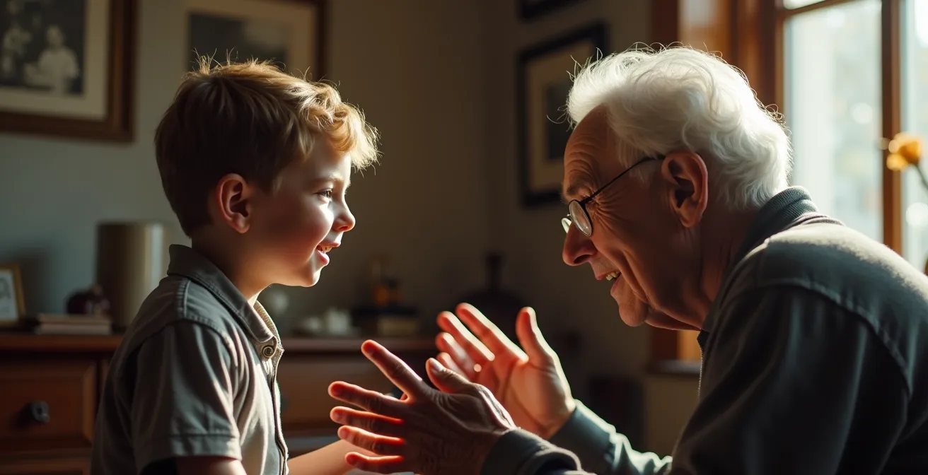 Ein Kind hört aufmerksam einem älteren Menschen beim Geschichtenerzählen in einem Leipziger Altbauzimmer zu.