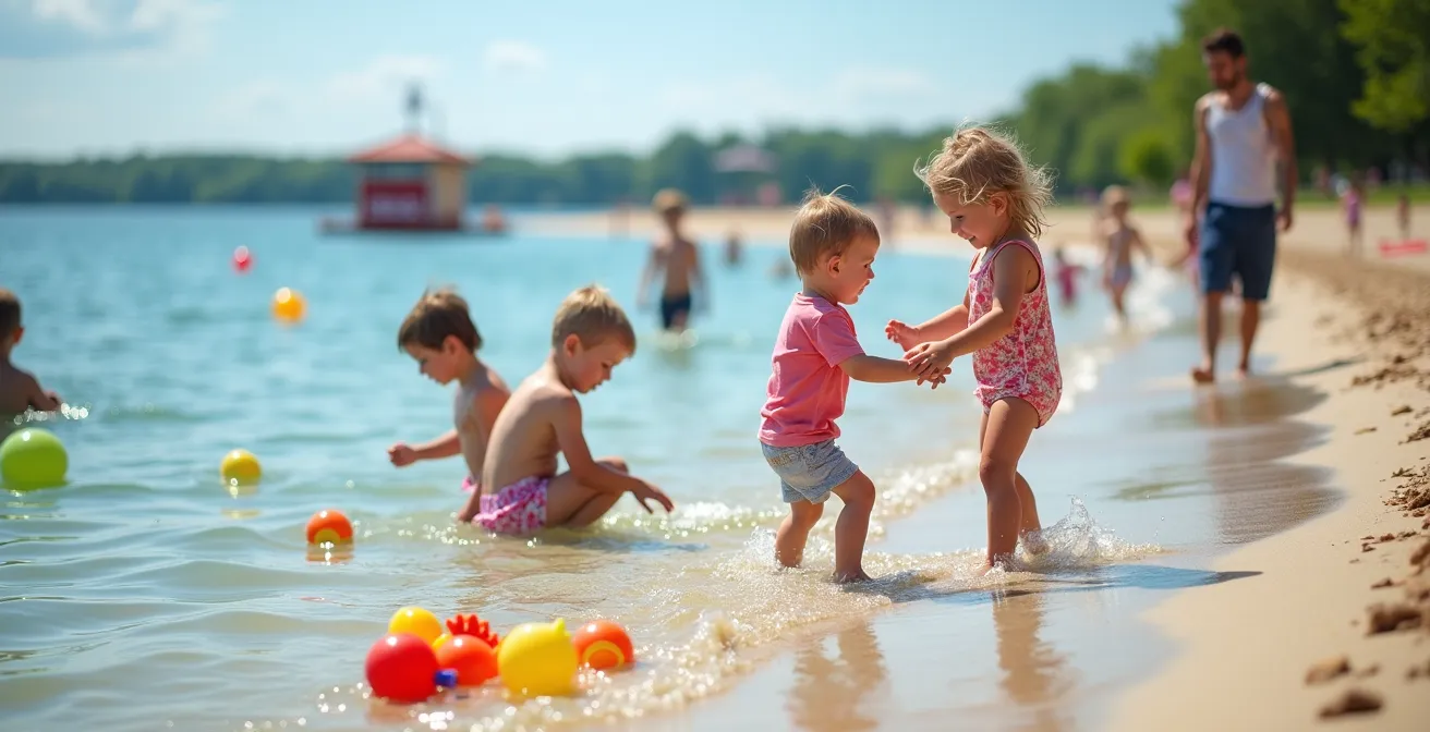 Flacher Sandstrand mit spielenden Kindern im seichten Wasser
