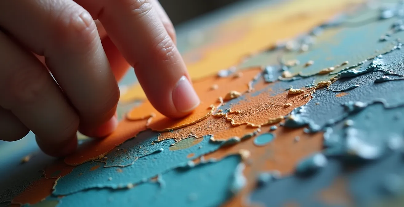Nahaufnahme von Händen, die vorsichtig die Textur eines Kunstwerks untersuchen