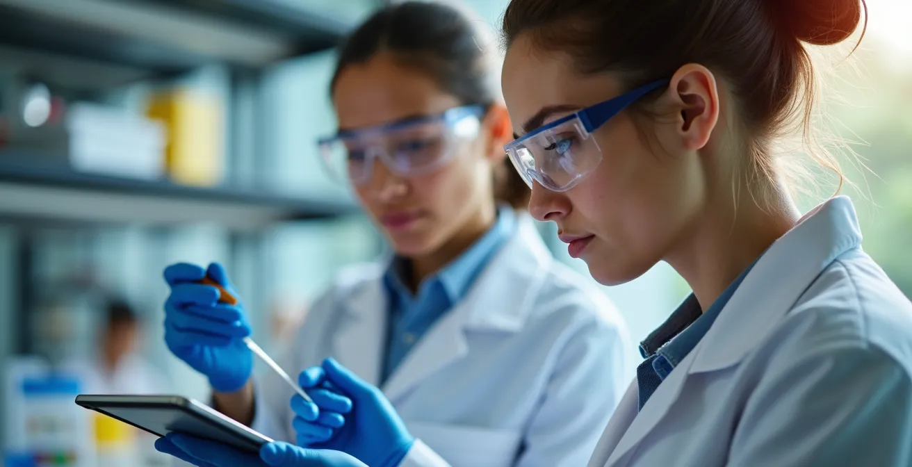 Junge Wissenschaftler mit Master-Abschluss arbeiten in einem Biotechnologie-Labor