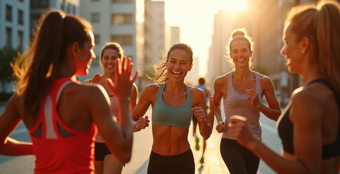 Eine vielfältige Laufgruppe lacht nach dem Training in einer städtischen Umgebung bei Sonnenaufgang.