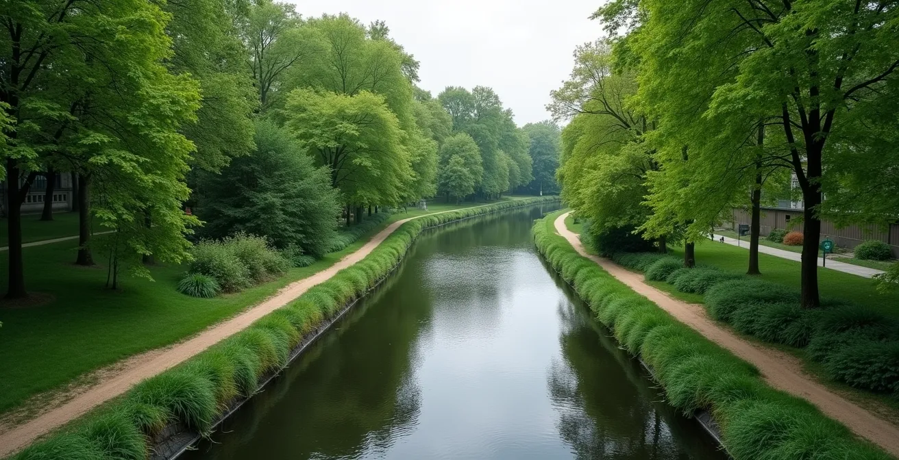 Luftaufnahme der grünen Korridore entlang des Karl-Heine-Kanals in Leipzig