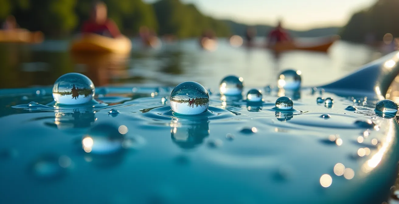 Makroaufnahme von Wassertropfen auf einem Paddel, die verschiedene Generationen bei Wasseraktivitäten in der Leipziger Seenlandschaft widerspiegeln.