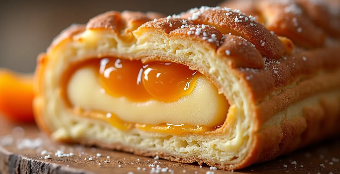 Makroaufnahme der saftigen Marzipanfüllung einer handwerklich hergestellten Leipziger Lerche.