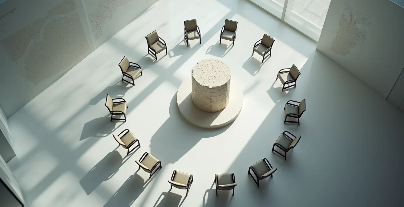 Ein leerer Planungsraum mit einem Architekturmodell in der Mitte, der die Lücke zwischen den Entscheidern und der Öffentlichkeit symbolisiert.