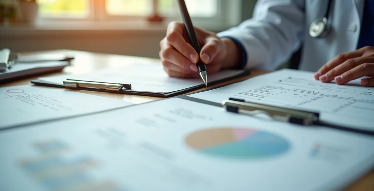 Hände sortieren medizinische Unterlagen auf einem Schreibtisch mit systematischer Anordnung