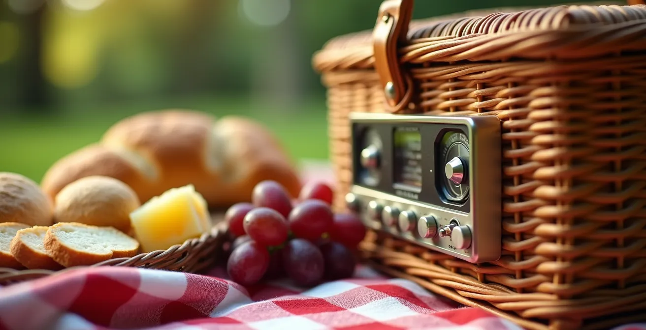 Perfekt gepackter Picknickkorb mit regionalen Spezialitäten für einen Konzertabend im Park