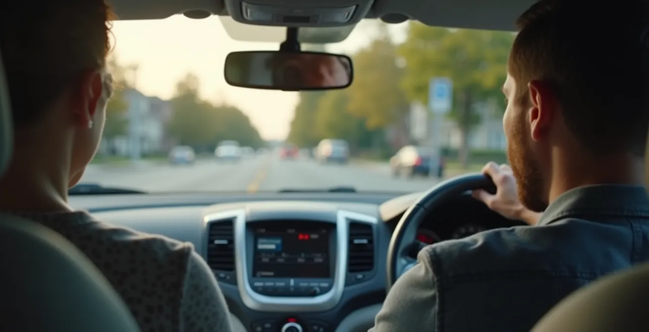 Nahaufnahme von Augenkontakt zwischen Autofahrer und Fußgänger in einer Begegnungszone