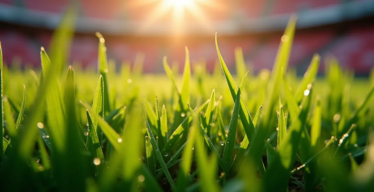 Makroaufnahme von Stadionrasen mit Tautropfen, die verschiedene Saisonphasen symbolisieren.