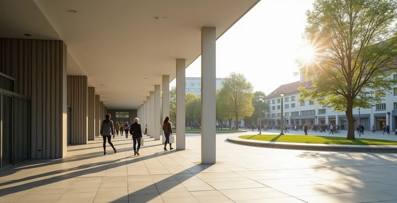 Abstrakte Darstellung verschiedener städtischer Räume mit unterschiedlichen Energieleveln für soziale Interaktion