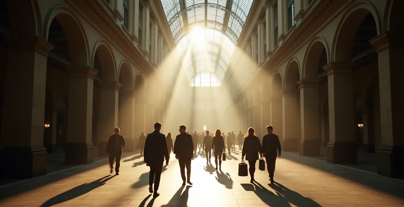 Weitwinkelaufnahme eines historischen Messehaus-Lichthofs mit Menschen in Bewegung
