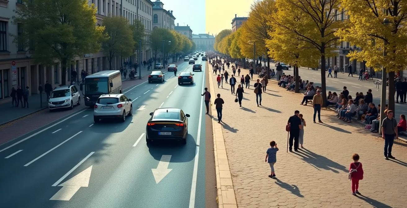 Straßenszene zeigt den Kontrast zwischen formeller Tempo-30-Zone und lebendiger Begegnungszone