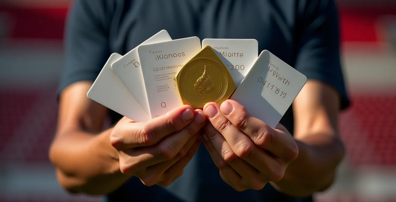 Strategischer Ticketkauf für RB Leipzig Spiele visualisiert durch Hände, die symbolische Ticket-Formen wie Spielkarten halten.