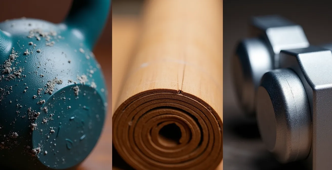 Nahaufnahme von drei verschiedenen Trainingsmethoden nebeneinander: Kettlebell, Yogamatte und Hantel