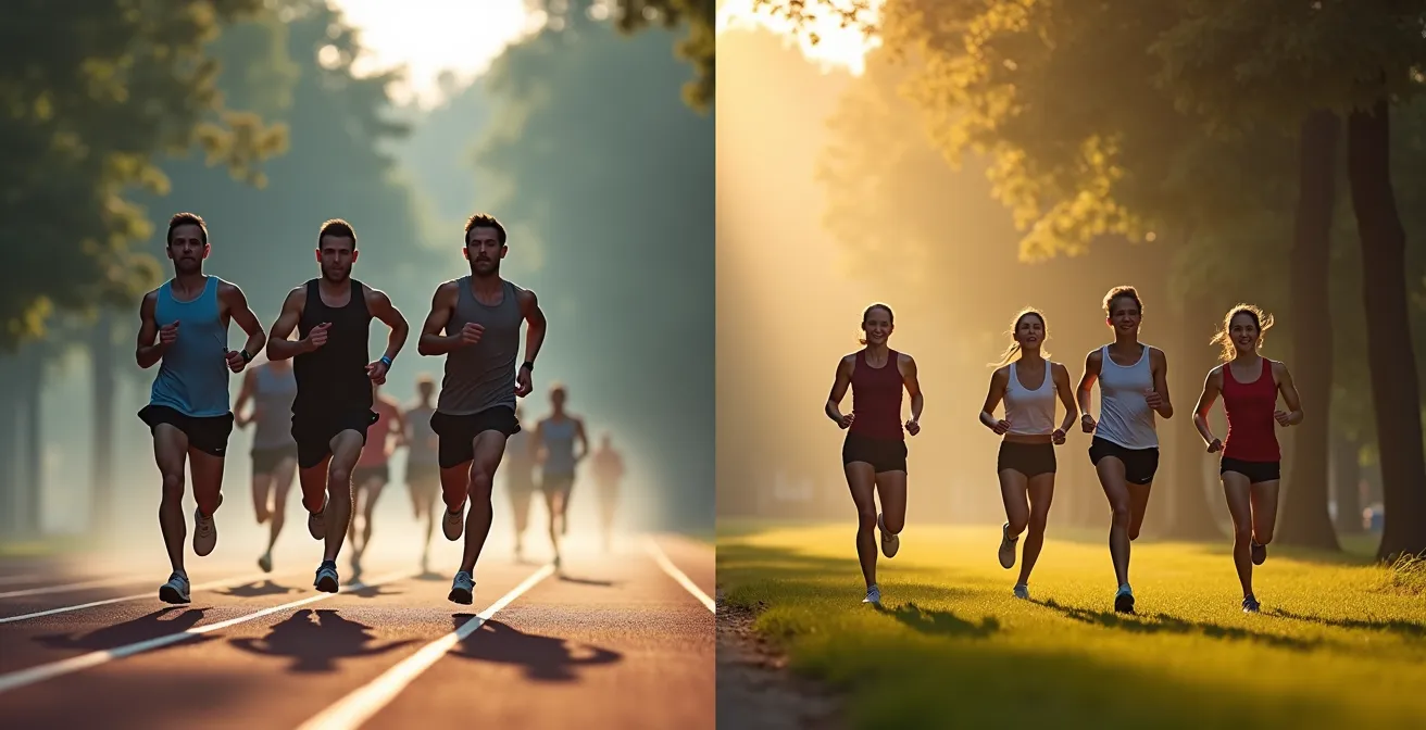 Geteiltes Bild zeigt links strukturiertes Bahntraining und rechts lockeren Parklauf in Leipzig
