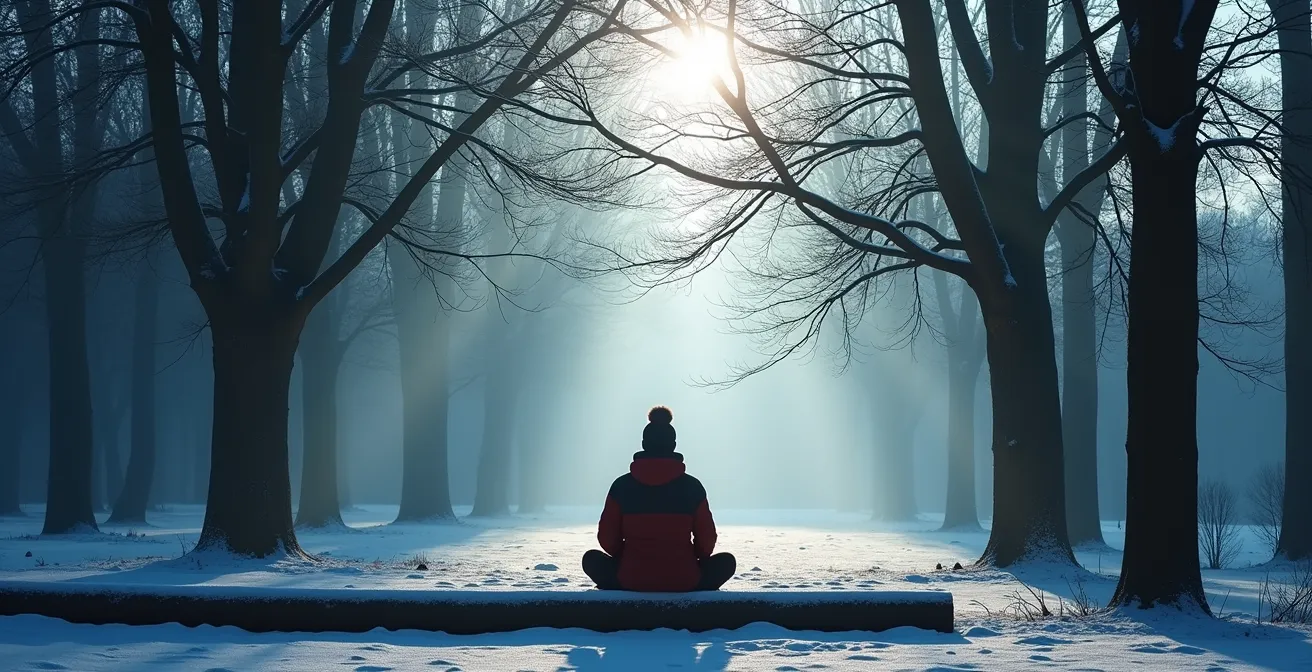 Meditierende Person im kahlen winterlichen Auwald findet innere Ruhe
