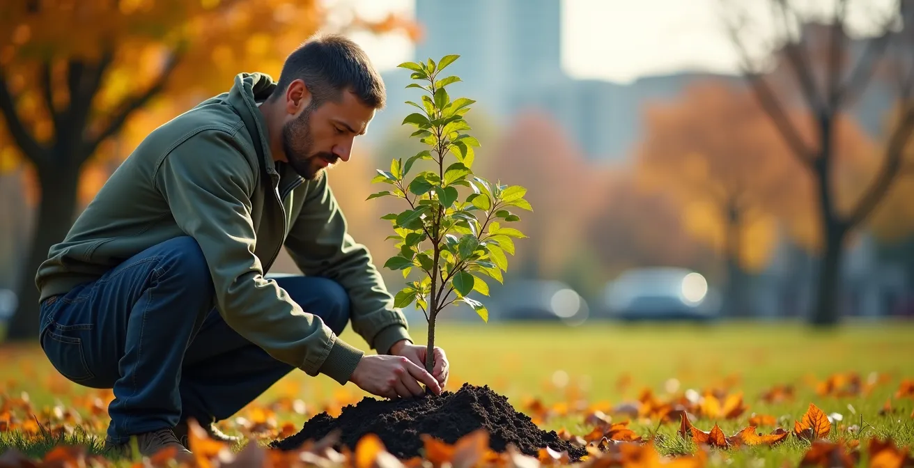 Neu gepflanzte klimaresistente Bäume auf einem deutschen Stadtplatz im Herbst