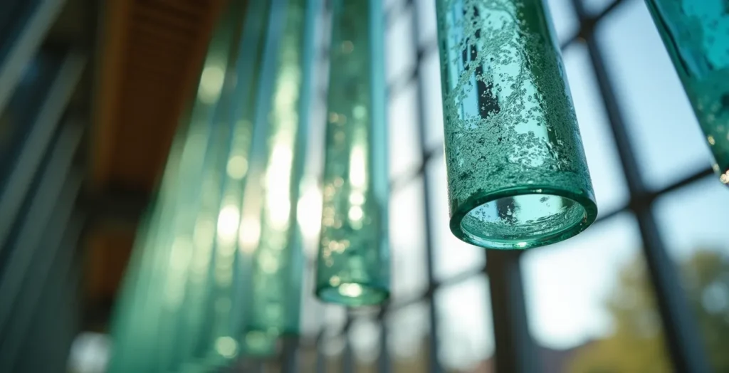 Innenansicht der schwebenden Glassäulen im Paulinum, die das Licht brechen. Innenansicht der schwebenden Glassäulen im Paulinum, die das Licht brechen.
